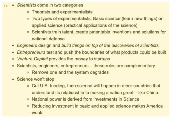 A screenshot explaining how scientific research leads to innovation, and what role do scientists, engineers, entrepreneurs and venture capitalists play in the process.