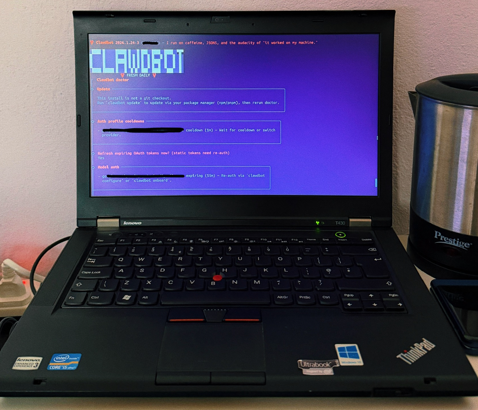 Clawdbot/Moltbot running on an old ThinkPad T430